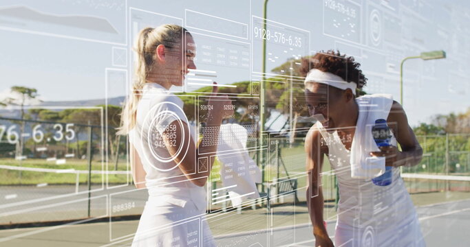 Sharing fist bump by two tennis players at tennis net outdoors, with water bottles, data overlay