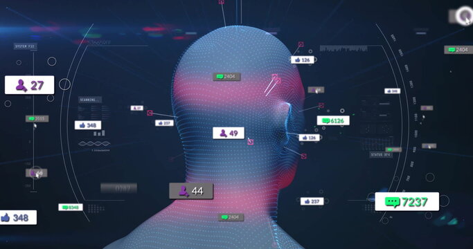 Displaying 3D wireframe head floating on virtual dashboard, with numeric labels and gauges