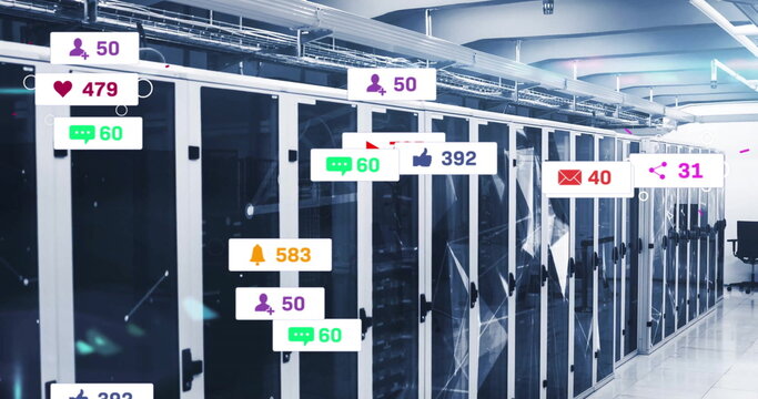 Displaying glass-fronted server cabinets in data center room, showing floating social media metrics - Powered by Adobe