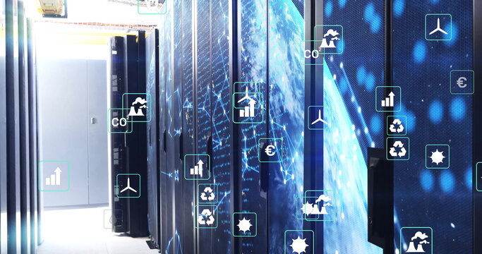 Displaying server cabinets lining corridor in data center, with globe on display and eco icons