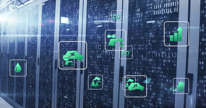 Displaying server cabinets featuring binary code glass panels in data center aisle, with eco icons