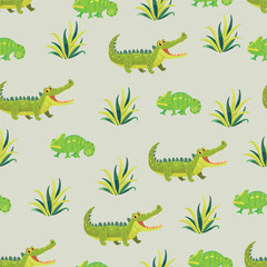 Cute crocodile and iguana seamless pattern. Flat vector clipart, illustration with isolated background.