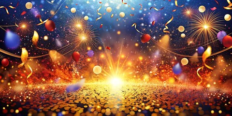 Spectacular celebration with dazzling fireworks confetti and a vibrant crowd under a brilliant spotlight creating an unforgettable festive atmosphere
