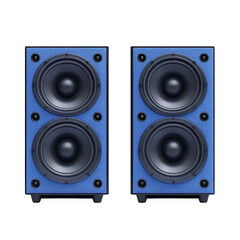 High quality audio speakers with dual woofers, featuring vibrant blue fabric covering. These speakers are designed for clear sound reproduction and enhanced bass response, perfect for music lovers