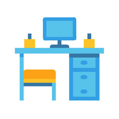 Simple office desk with computer screen and chair in flat design style