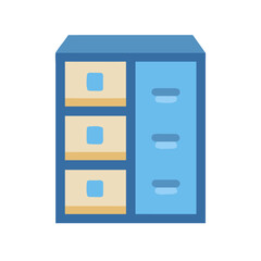 Blue file cabinet with three drawers and a simple illustration style