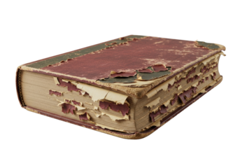 An aged, well-worn hardcover book with a faded dark red or deep forest green cover, extensively peeling and showing a cracked spine, on a transparent background with soft studio lighting, concept of