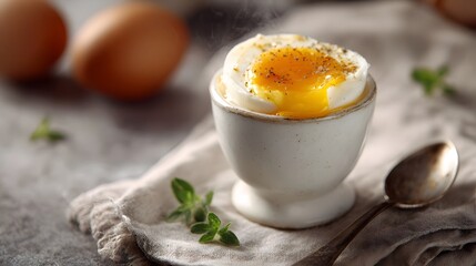 Soft boiled egg in an egg cup with a spoon