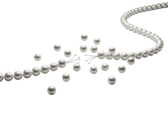 Photorealistic UHD close-up of a classic white pearl necklace with perfectly round, iridescent pearls. Its string is snapped, pearls scatter in an elegant trail on a transparent studio background.