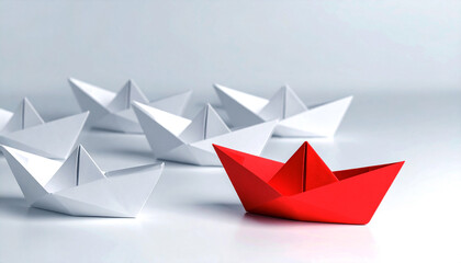 Red paper boat stands out among white paper boats representing uniqueness, individuality, and creativity in a minimalist design setting