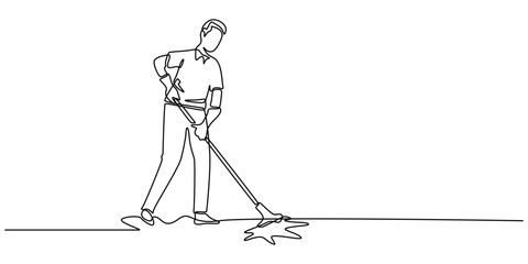 Continuous one line drawing male mopping floor at office. Cleaning workers. Professional cleaning staff, Single one line drawing man mopping floor in uniform. Male cleaner janitor cleaning the office.