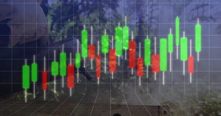 Fototapeta premium Floating candlestick chart bars hovering above 3D grid floor at woodland backdrop, with chart wicks
