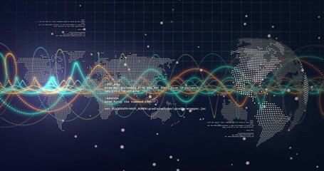 Displaying dotted world map moving across dark blue grid, with colorful waves and code snippets