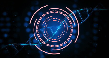 Projecting blue DNA helix crossing pink data rings in virtual interface, with glowing particles