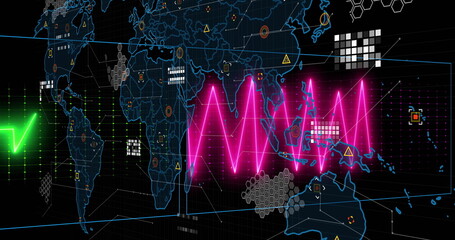 Displaying neon pink waveform pulsing across world map with green waveform, hexagon clusters