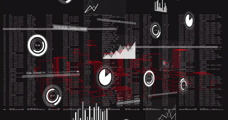 Displaying 3D red wireframe building cluster at digital dashboard, with white text data columns