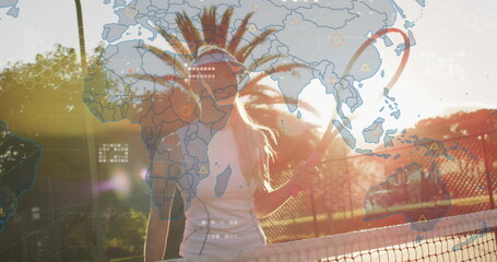 Standing tennis player in white dress holding racket near net on court, with world map overlays