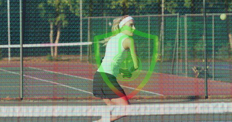 Obraz premium Swinging racket at ball woman in sportswear on tennis court, with shield icon and binary code