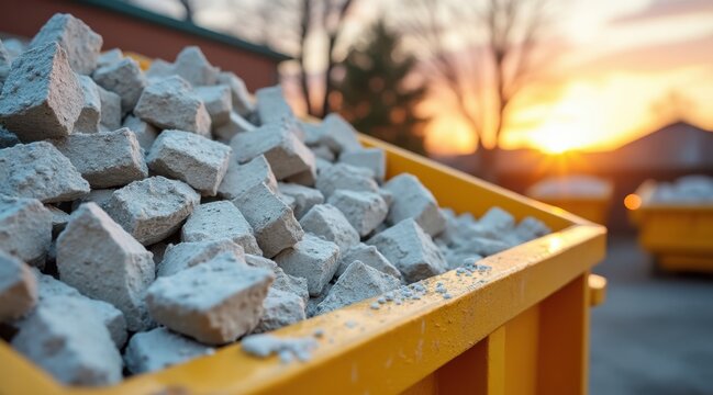 Rubble in a construction dumpster, a large pile of concrete and debris fills a bin at sunset, symbolizing waste management and demolition cleanup. - Powered by Adobe