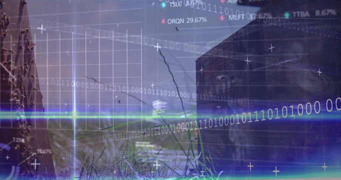 Streaming binary digits across open grassy field, with glowing light flares and dark structure - Powered by Adobe