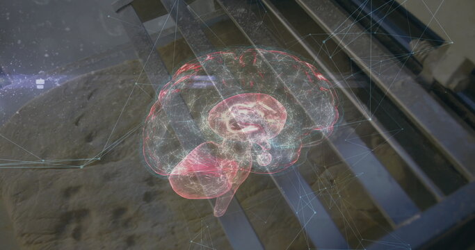 Floating holographic brain projection showing digital network on stone step, beside metal railing