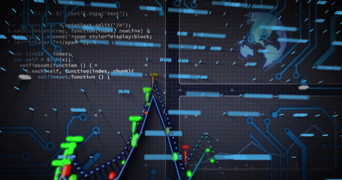 Neon data line graph tracing peak pattern on dashboard, with code text and holographic world map