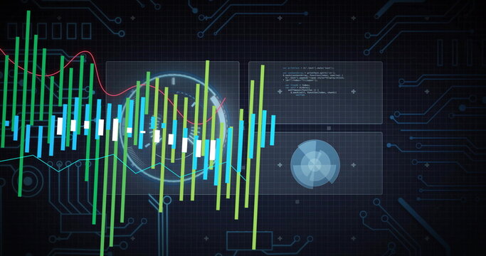 Displaying multicolor candlestick bars on dashboard with red line, code, radar panels, circuit grid - Powered by Adobe