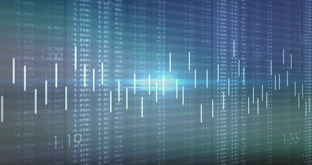 Displaying glowing candlestick bars and central light flare on trading monitor, with data columns