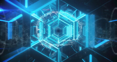 Glowing digital corridor extending through cyberspace, with hexagonal light rings neon-blue beams