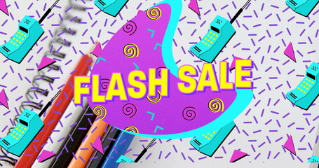 Featuring purple blob showing FLASH SALE on Memphis pattern, markers and phone icons diagonally
