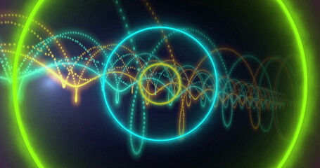 Centered neon cyan ring enclosing yellow neon ring glowing in space with green arcs, dotted waves