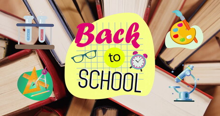 Fototapeta premium Displaying yellow Back to School panel hovering over open book collage, with educational icons