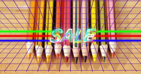 Featuring colored pencils on wood background with purple grid overlay, SALE glitch and RGB lines