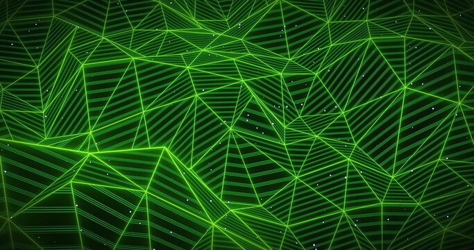 Naklejki Forming abstract green wireframe mesh nodes in virtual network space, with luminous lines and dots