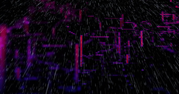Streaming neon magenta glitch bars across circuit board, with pixel fragments and white streaks