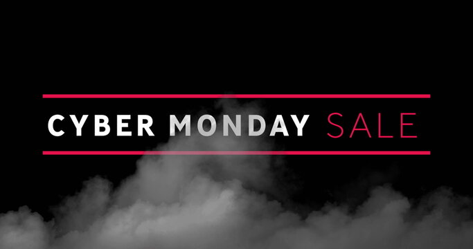 Displaying stylized CYBER MONDAY SALE text on digital banner, with smoke effect and red lines - Powered by Adobe