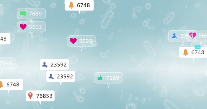 Floating social media notification badges drifting in digital interface, with tech science theme