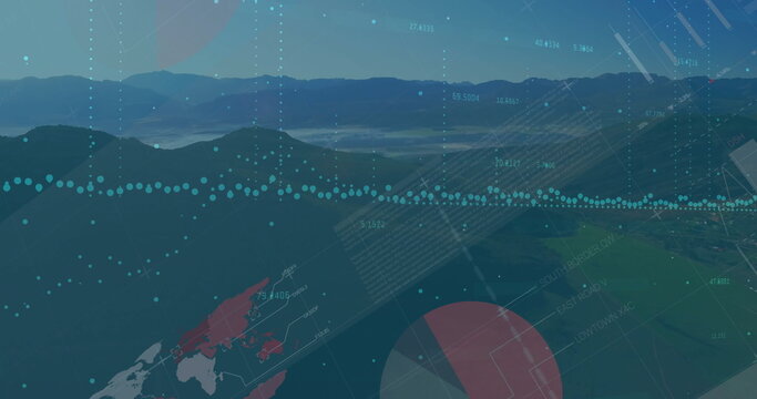 Displaying mountain ridge revealing data overlays in valley at dusk, with dotted teal line graph - Powered by Adobe