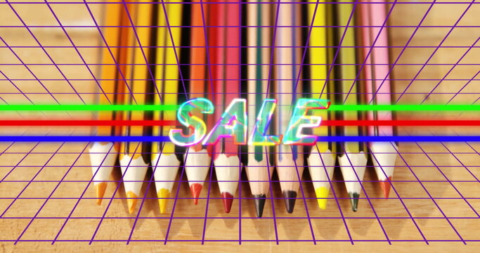 Fototapeta Featuring colored pencils on wood background with purple grid overlay, SALE glitch and RGB lines