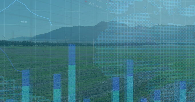 Displaying translucent bar chart clusters rising over green field, with grid overlay and line graph