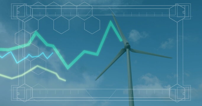 Rotating wind turbine tower and rotor against blue sky, with HUD graph overlay, copy space