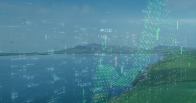 Fototapeta Displaying translucent financial overlay at lakeshore with green 3D graph curve and data points