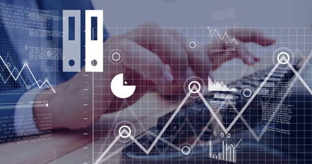 Hands typing data on laptop keyboard at workstation, with code snippets and pie chart overlay