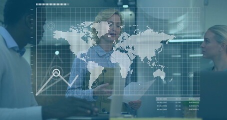 Reviewing global projections, businesswoman holding tablet, papers in conference room, map overlay