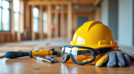 Construction safety gear on wood, a hard hat, glasses, and gloves are laid out on a table, emphasizing the importance of workplace safety and protection.