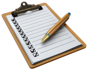 Clipboard checklist pen paper task management office organization planning productivity. golden pen rests lined checklist attached to brown clipboard symbolizing organization and productivity