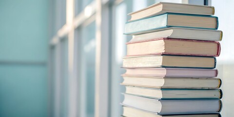 A tall stack of vintage hardcover books with aged pages rests against a softly blurred window suggesting knowledge and quiet contemplation