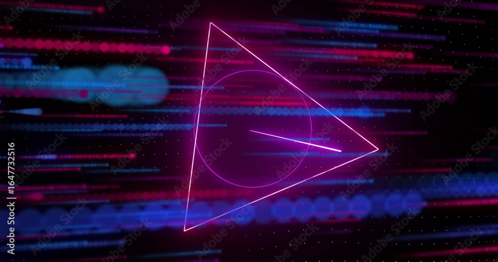 Wall mural showing glowing neon pink triangle on screen with circle and diagonal line, streaks and matrix dots