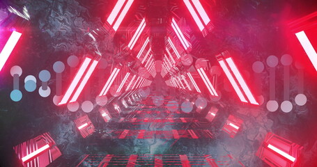 Illuminating futuristic corridor highlighting metal frames and reflective walls, with red neon bars