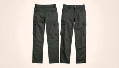 Durable dark grey cargo pants for men, front and back view